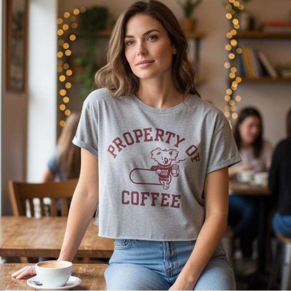 GILLY HICKS HOLLISTER GRAY COFFEE LOVER GRAPHIC KOALA CROP TOP T-SHIRT SIZE M